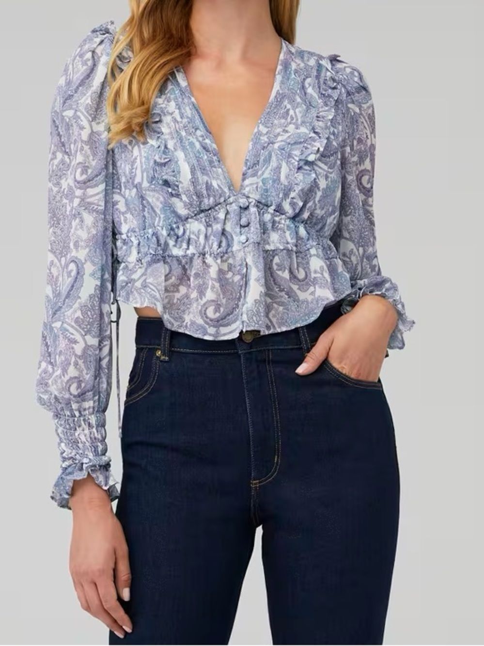 For Love & Lemons Nina Top NWT Size 1X Cropped Eco-Chiffon Ruffled Blouse Blues